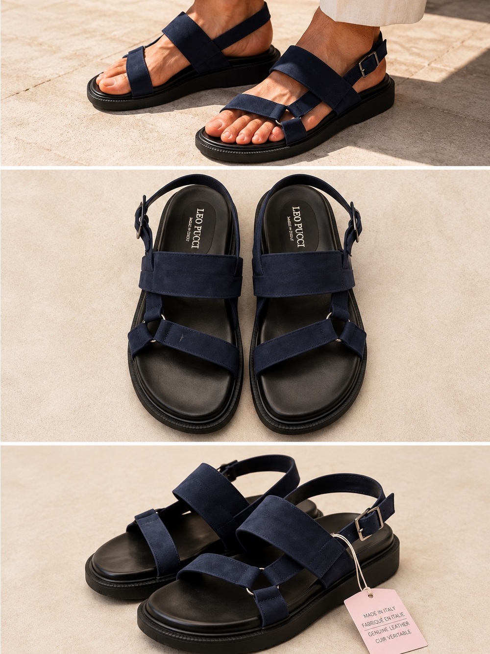 Leo Pucci Men’s Size 10 NWT Navy Leather Sandals Made in Italy